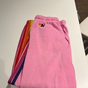 Aviator Nation Pink Joggers with Rainbow Stripes